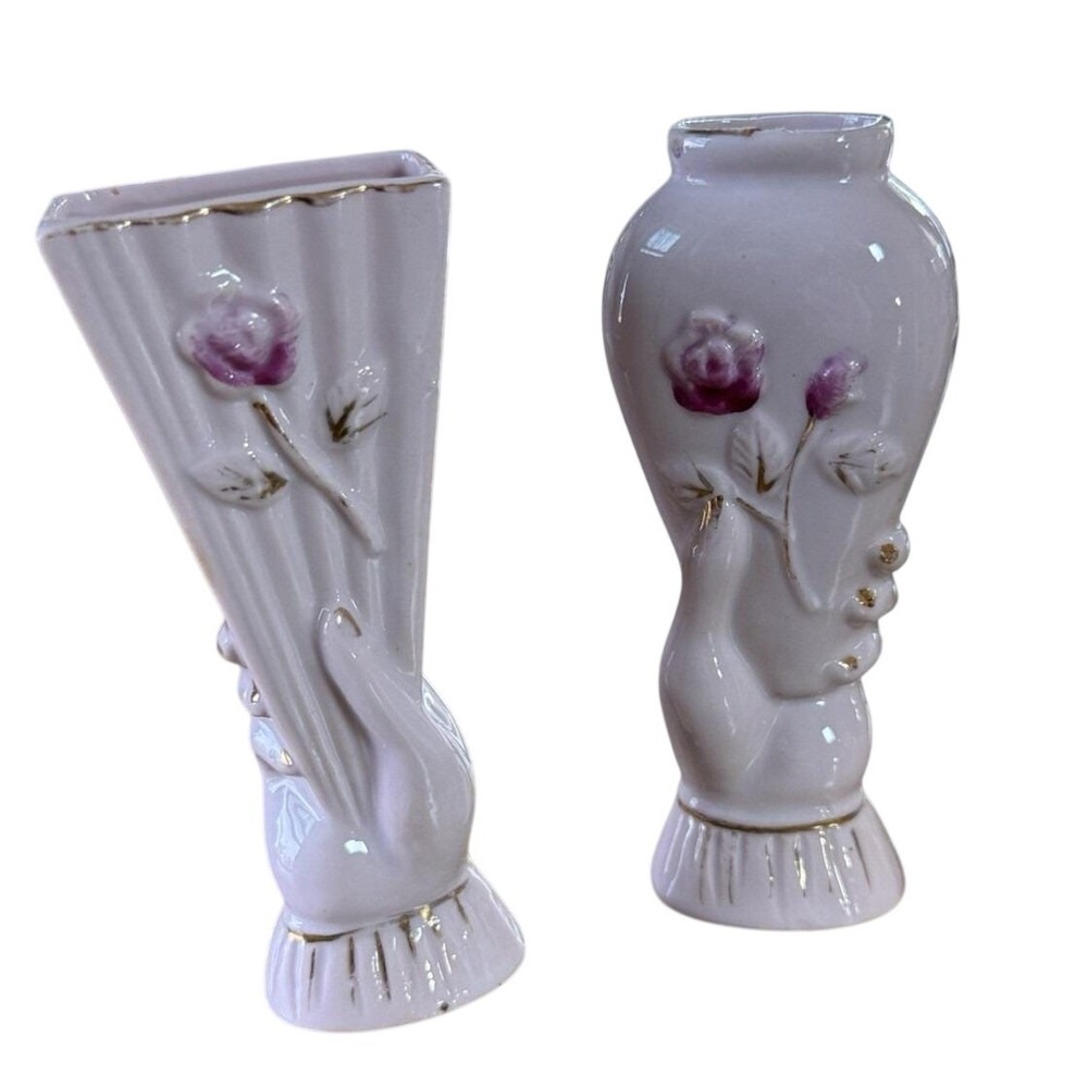 Pair Royal Japan Hand Holding Vases Pink Rose Hand Painted Ceramic Vintage decor
